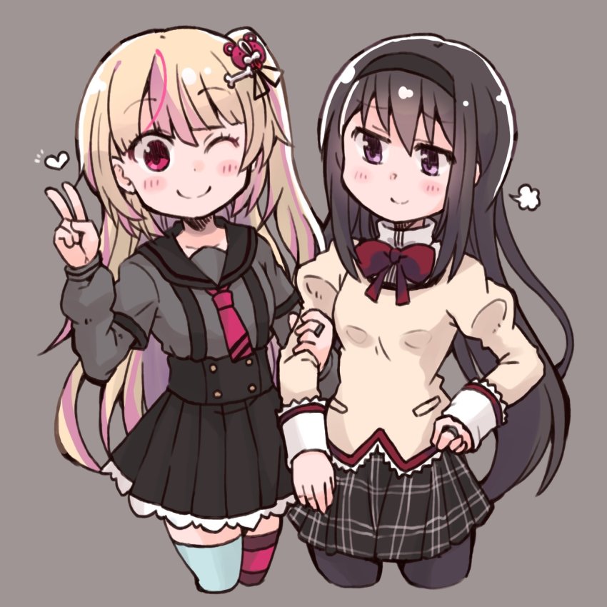 2girls puff_of_air akemi_homura ashley_taylor asymmetrical_legwear black_hair black_hairband black_pantyhose black_skirt blonde_hair blush bow bowtie crossed_legs es_(eisis) grey_background hair_ornament hairband hand_on_own_hip heart highres kosho_academy_school_uniform long_hair long_sleeves magia_record:_mahou_shoujo_madoka_magica_gaiden mahou_shoujo_madoka_magica mismatched_legwear mitakihara_school_uniform multicolored_hair multiple_girls one_eye_closed one_side_up pantyhose pink_eyes pink_hair purple_eyes school_uniform simple_background skirt smile streaked_hair suspender_skirt suspenders v very_long_hair