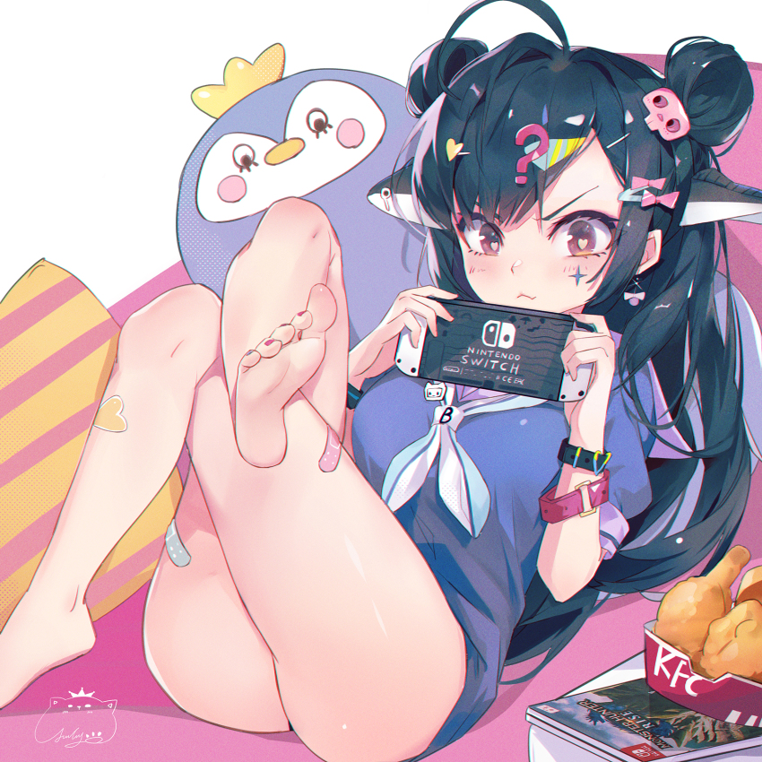 1girl ? ahoge bandaid bandaid_on_leg bare_legs barefoot black_hair blue_shirt blush chicken_(food) chinese_commentary commentary_request crossed_legs double_bun earrings feet fish_hair_ornament fried_chicken hair_bun hair_ornament hairpin handheld_game_console heart heart-shaped_pupils heart_hair_ornament highres holding holding_handheld_game_console jewelry jiujiuyatou_(yayanzz) kfc knees_up leg_up long_hair lying monster_hunter_(series) monster_hunter_rise nail_polish nintendo_switch on_back original red_eyes sailor_collar school_uniform serafuku shirt short_sleeves signature skull_hair_ornament soles solo symbol-shaped_pupils toenail_polish toenails toes v-shaped_eyebrows very_long_hair watch white_sailor_collar wristwatch