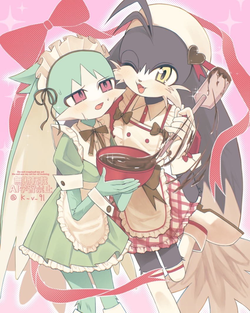 2boys black_fur chocolate crossdressing furry green_fur highres k_v_91 kaze_no_klonoa king_of_sorrow klonoa maid maid_headdress multiple_boys red_eyes very_long_ears yellow_eyes