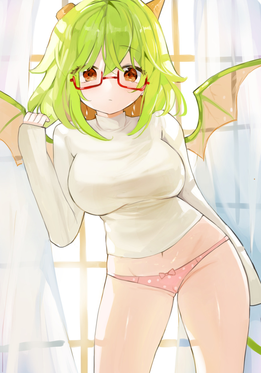 1girl absurdres breasts closed_mouth commission dragon_girl dragon_wings funamusea glasses green_hair haiiro_teien highres horns indoors large_breasts long_hair long_sleeves looking_at_viewer navel orange_eyes panties pink_panties shirt solo soradally standing underwear white_shirt wings yosafire_(funamusea)