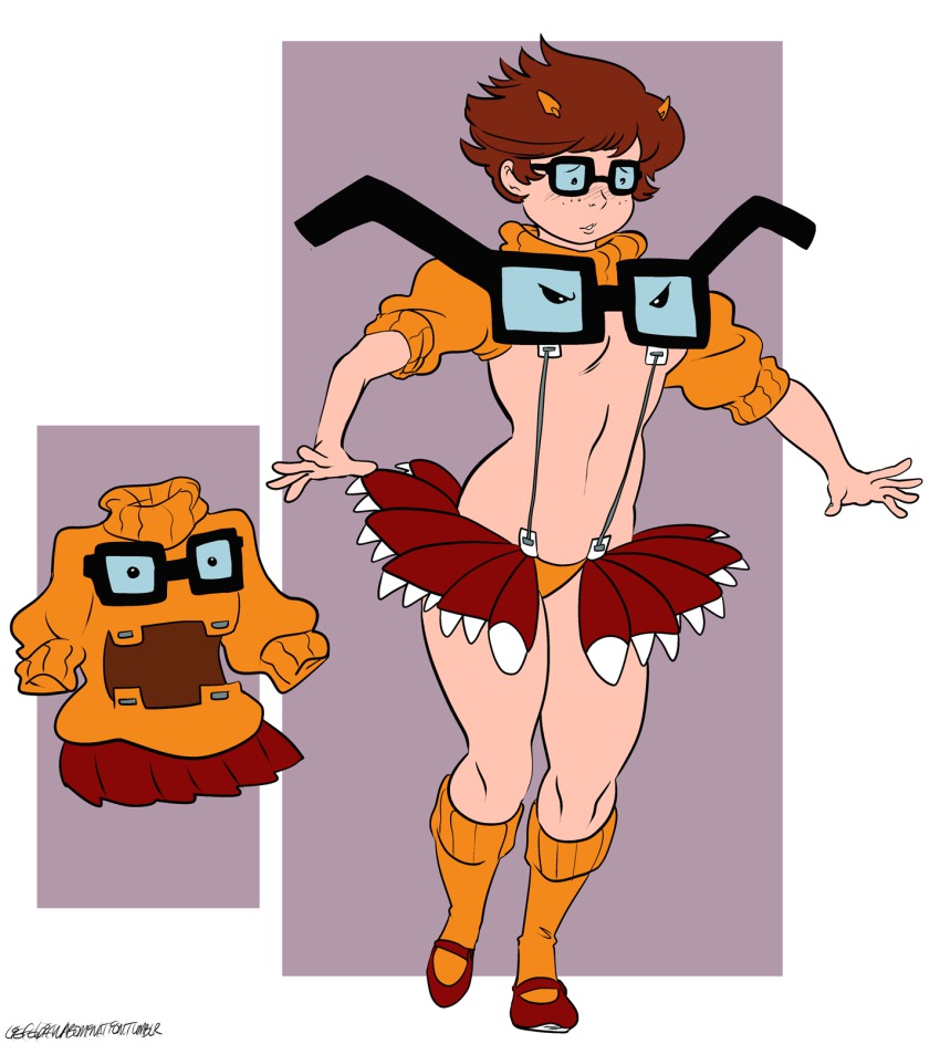 1girl ariel_guadalupe braces breasts brown_hair commentary freckles glasses highres kamui_(kill_la_kill) kill_la_kill kneehighs living_clothes medium_breasts midriff miniskirt navel orange_shirt parody scooby-doo shirt short_hair skirt socks sweater turtleneck underboob velma_dinkley what