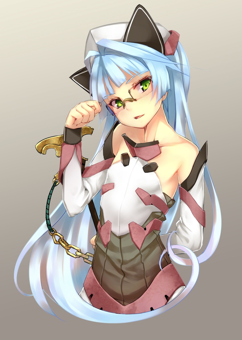 1girl absurdres ar_nosurge arms_behind_back blue_hair chain detached_sleeves female_focus flat_chest glasses green_eyes hat highres long_hair official_art sarly_planck simple_background solo surge_concerto