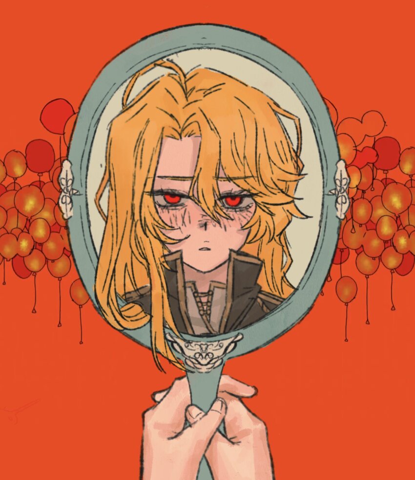 1girl ahoge apricot_(vocaloid) balloon black_jacket blonde_hair dahuo_shou_zhi don_quixote_(project_moon) gold_trim hands_up highres holding holding_mirror jacket la_manchaland_(identity)_(project_moon) limbus_company long_hair looking_at_viewer mirror orange_background parted_bangs parted_lips project_moon sancho_(project_moon) simple_background solo very_long_hair white_jacket