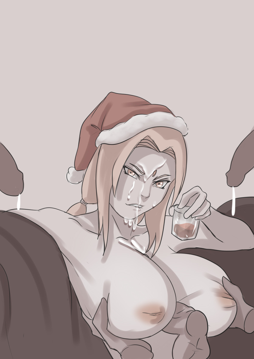 1girl 3boys alcohol blonde_hair breasts brown_eyes christmas completely_nude cum dark-skinned_male dark_skin disembodied_penis facial glass grabbing_another&#039;s_breast hat huge_breasts interracial inverted_nipples looking_at_viewer mr.russo multiple_boys naruto naruto_(series) naruto_shippuuden nipples nude paizuri penis santa_hat sex sitting testicles tsunade_(naruto) twintails
