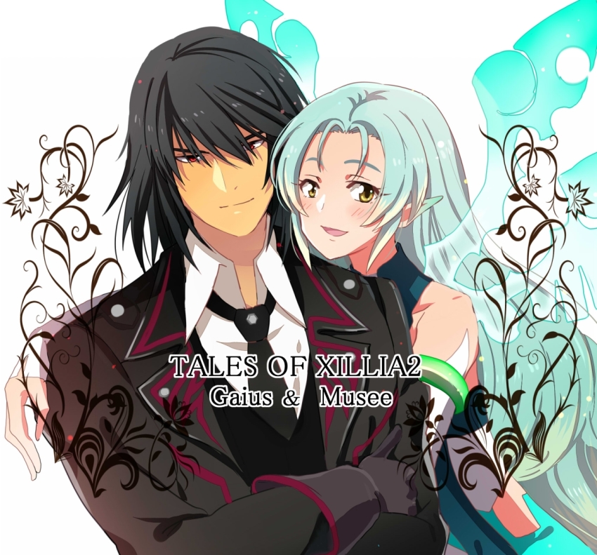 1boy 1girl bare_shoulders black_hair blue_hair blush brown_eyes character_name coat copyright_name dark_skin dress gaius_(tales) gloves long_hair muzet_(tales) necktie open_mouth pointy_ears red_eyes short_hair smile suit tales_of_(series) tales_of_xillia tales_of_xillia_2 vest wings