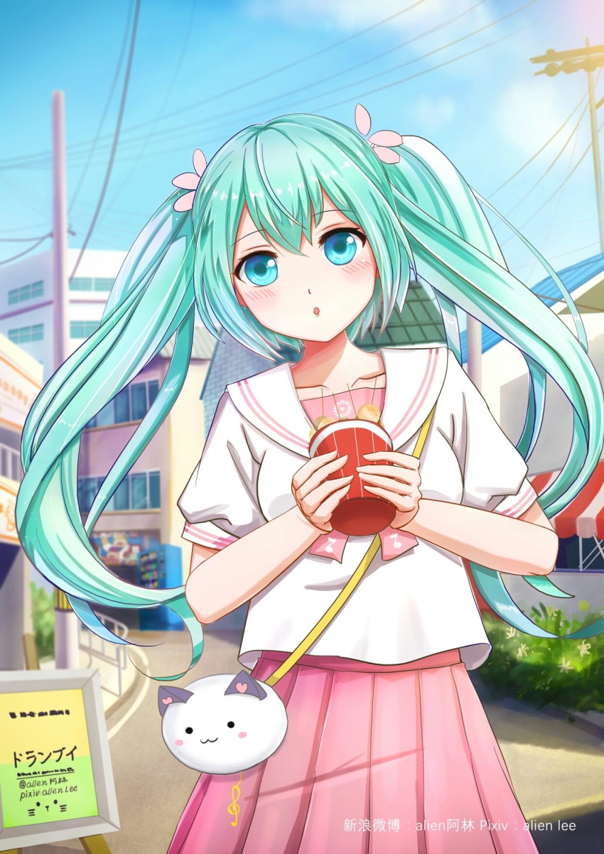 1girl absurdly_long_hair alien_(15307703) artist_name bag blue_eyes blue_hair blush collarbone female_focus handbag hatsune_miku highres long_hair looking_at_viewer parted_lips pink_skirt pixiv_username skirt solo twintails very_long_hair vocaloid