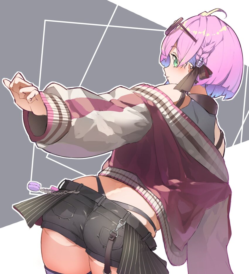 1girl absurdres ass bare_shoulders black_panties black_shorts braid collar eyewear_on_head green_eyes hair_ornament hair_ribbon highres himemori_luna himemori_luna_(streetwear) hololive jacket letterman_jacket looking_at_viewer looking_back moritatsu official_alternate_costume official_alternate_hairstyle panties pink_hair ribbon short_hair short_shorts shorts simple_background solo sunglasses thighhighs thighs underwear virtual_youtuber