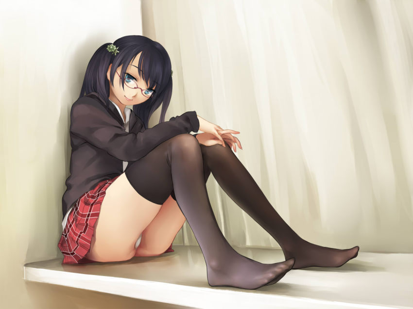 1girl black_hair black_thighhighs blue_eyes female_focus flyx2 glasses legs long_hair long_legs long_sleeves looking_at_viewer original panties pantyshot ponytail school_uniform sitting skirt smile solo thighhighs underwear