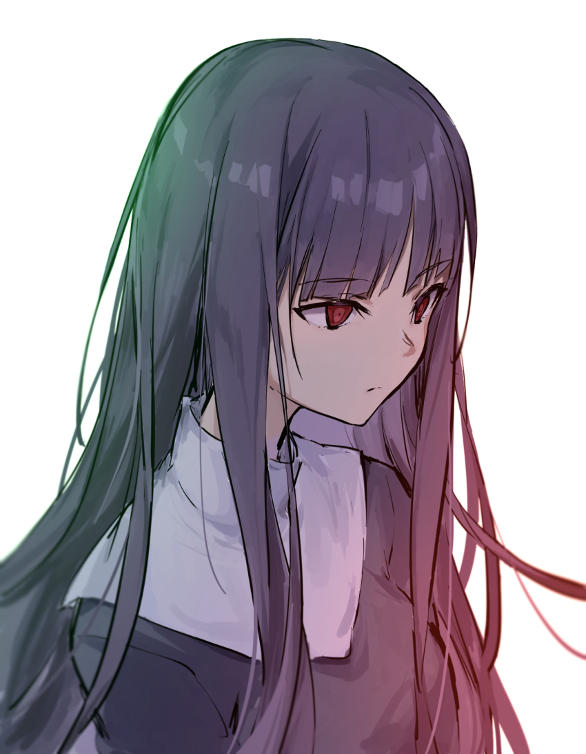 1girl asagami_fujino fate/grand_order fate_(series) hair_between_eyes highres kara_no_kyoukai light long_hair purple_hair red_eyes reien_girl&#039;s_academy_school_uniform school_uniform shigure_(shigure_43) simple_background solo type-moon upper_body white_background