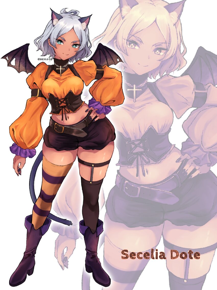 1girl ahoge animal_ears belt black_corset black_nails boots corset cross dark-skinned_female dark_skin green_eyes gundam gundam_suisei_no_majo halloween halloween_costume highres midriff mizuno374 navel puffy_sleeves secelia_dote smile striped_clothes striped_thighhighs thighhighs white_hair