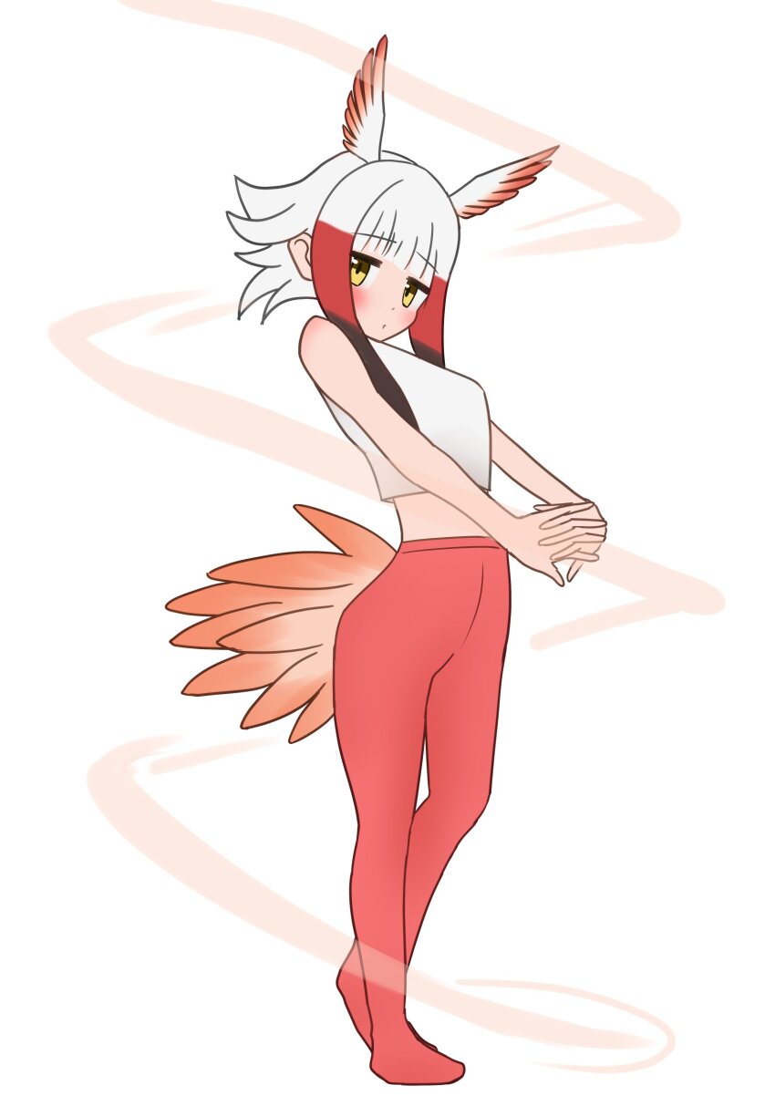 1girl absurdres bare_arms bare_shoulders bird_girl bird_tail bird_wings black_hair blunt_bangs blush crop_top enotsumuri full_body head_wings heel_up highres japanese_crested_ibis_(kemono_friends) kemono_friends leggings looking_at_viewer midriff multicolored_hair navel no_shoes red_hair red_leggings shirt short_hair_with_long_locks sidelocks sleeveless solo tail white_hair white_shirt wings yellow_eyes