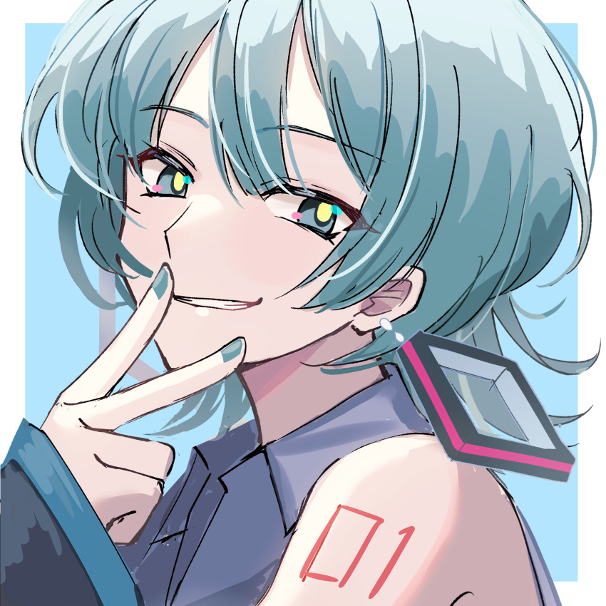 1girl alternate_hairstyle aqua_eyes aqua_hair aqua_nails arm_tattoo black_sleeves collared_shirt commentary_request grey_shirt grin hair_between_eyes hatsune_miku highres long_sleeves looking_at_viewer number_tattoo shirt sketch sleeveless sleeveless_shirt smile solo tattoo teeth tsumurimai two-tone_background v vocaloid yellow_pupils