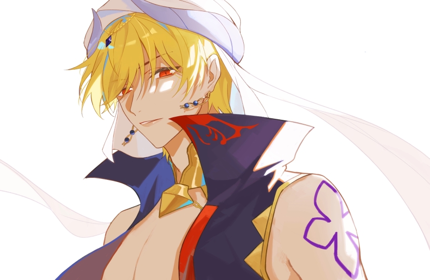 1boy absurdres arabian_clothes arm_tattoo black_jacket blonde_hair earrings fate/grand_order fate_(series) gilgamesh gilgamesh_(caster)_(fate) gilgamesh_(fate) gold_collar hair_between_eyes head_chain highres jacket jewelry looking_at_viewer male_focus mohexi459 no_shirt open_clothes open_jacket pectoral_cleavage pectorals popped_collar red_eyes short_hair sideways_glance simple_background sleeveless sleeveless_jacket tattoo turban upper_body v-shaped_eyebrows white_background white_veil