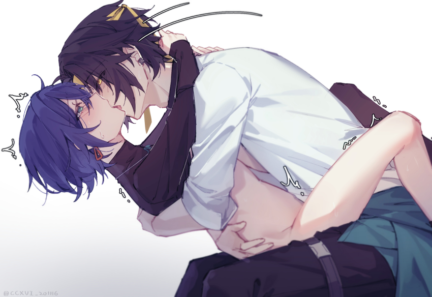 1boy 1girl aqua_eyes asaba_harumasa ass belle_(zenless_zone_zero) black_hair black_pants black_shirt blue_hair bottomless ccxvi_201116 french_kiss grabbing_another&#039;s_ass groping headband highres hug kiss pants shirt simple_background white_background white_shirt yellow_eyes yellow_headband zenless_zone_zero