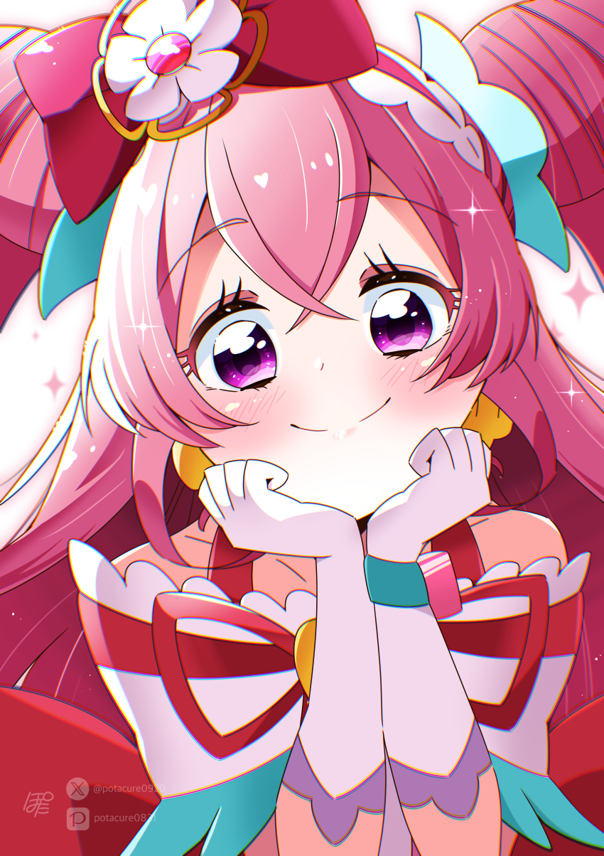 1girl blush bow brooch closed_mouth cure_precious delicious_party_precure dress earrings elbow_gloves gloves hair_bow hand_on_own_face heart heart_brooch jewelry long_hair magical_girl multicolored_clothes multicolored_dress nagomi_yui neck_ribbon pink_eyes pink_hair pixiv_username pota_(potacure1011) precure red_bow red_ribbon ribbon signature smile solo sparkle_background twitter_username two_side_up very_long_hair white_gloves