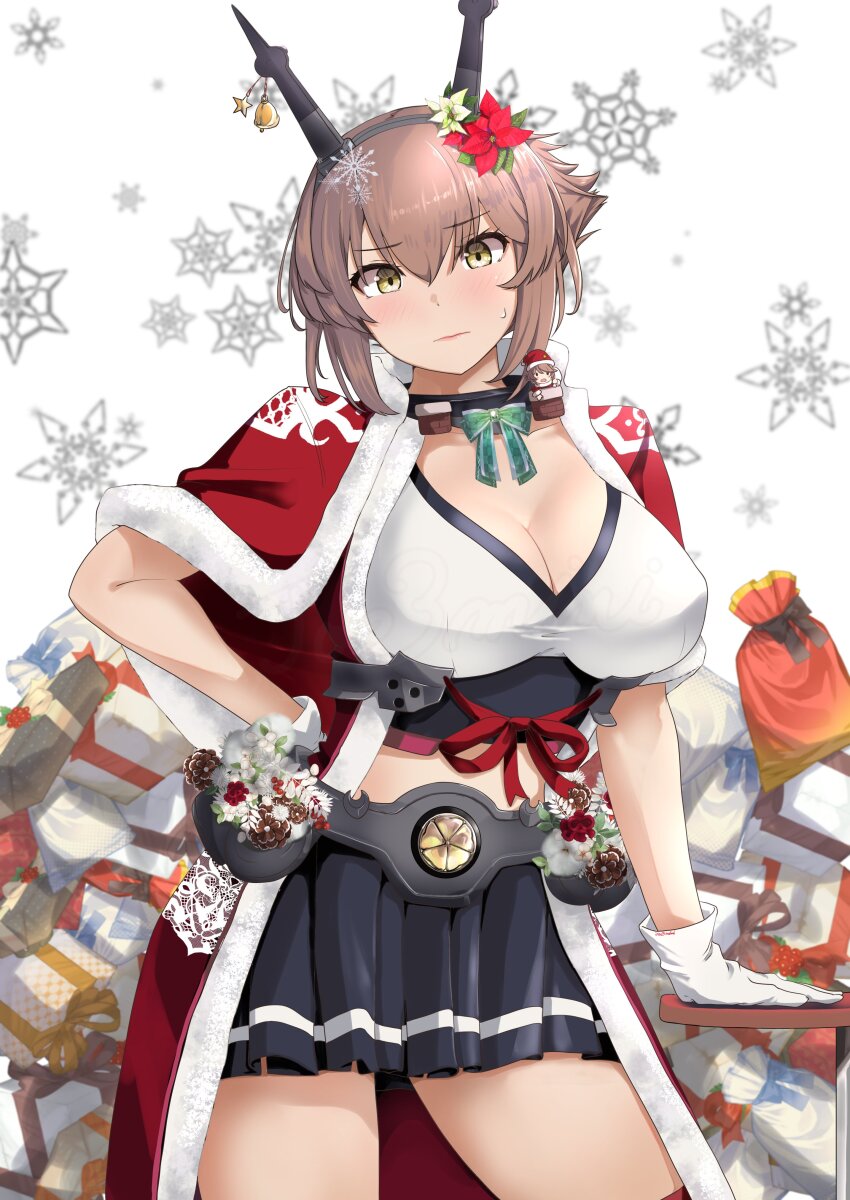 1girl absurdres bag black_skirt box breasts brown_hair cape cleavage commentary_request flipped_hair fur-trimmed_cape fur_trim gift gift_box gloves green_eyes hair_ornament headgear highres holly_hair_ornament jouzaburou_(joe3) kantai_collection kikumon large_breasts mutsu_(kancolle) mutsu_kai_ni_(kancolle) pleated_skirt radio_antenna red_cape satchel shirt short_hair skirt snowflake_background solo white_background white_gloves white_shirt