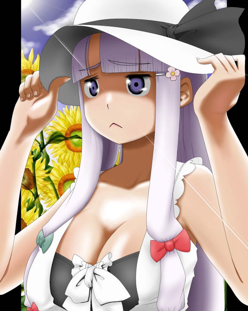 1girl :&lt; bad_id bad_pixiv_id blunt_bangs breasts cleavage female_focus flower hair_ornament hairclip hat hat_tug highres large_breasts patchouli_knowledge purple_eyes purple_hair shigeruoomi solo sun sun_hat sunflower touhou upper_body