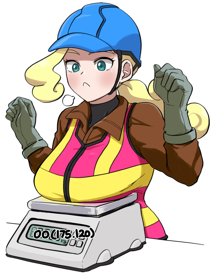 1girl :&lt; blonde_hair blue_hat blush breasts brown_shirt closed_mouth collared_shirt commentary creatures_(company) eyelashes game_freak gigobyte350 gloves green_eyes hands_up hat helmet highres long_hair nintendo pokemon pokemon_swsh ponytail puff_of_air scales shirt solo undershirt vest weighing_breasts white_background worker_(pokemon)