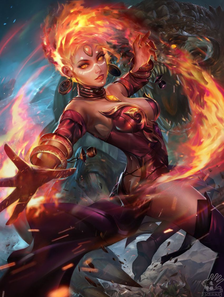 1girl absurdres breasts butt_crack defense_of_the_ancients dota_(series) dress female_focus fire gradient_background highres large_breasts lina_(dota_2) long_hair red_hair smile solo