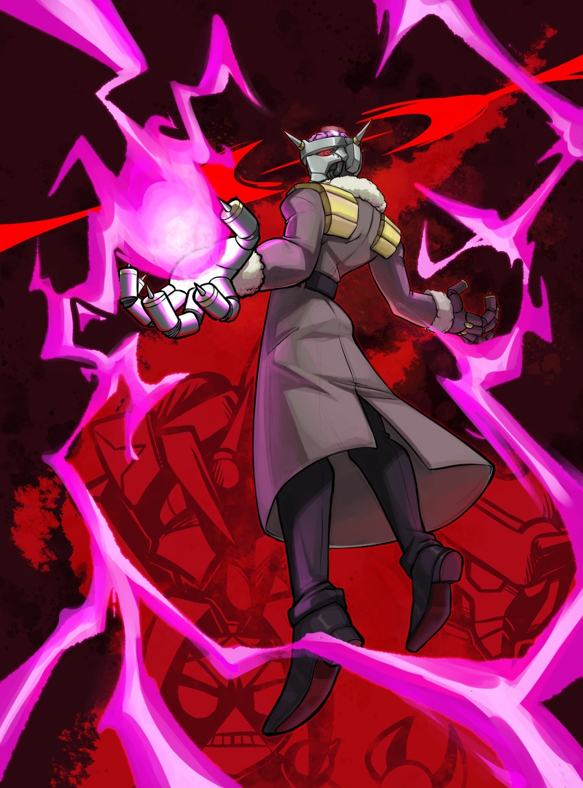 1boy absurdres belt brain_drain_(skullgirls) claws coat cyborg energy from_behind full_body fur-trimmed_jacket fur_trim highres jacket looking_back madamerinrin official_art outstretched_arms overcoat red_background red_eyes skullgirls solo