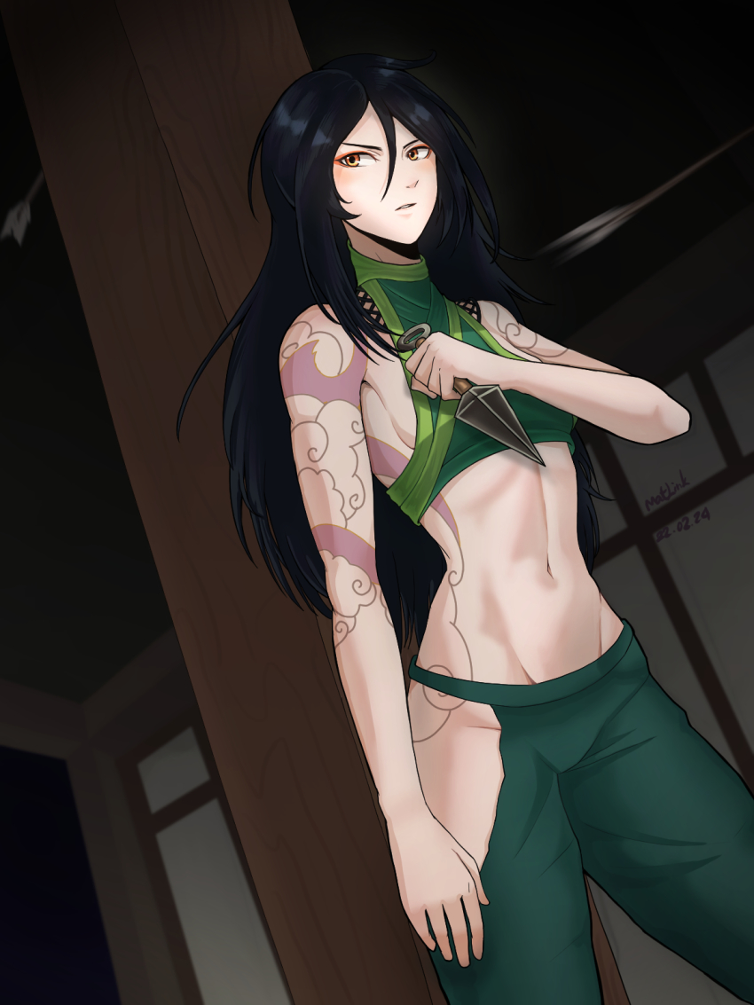 1girl abs akali arm_at_side arm_tattoo arrow_(projectile) artist_name bare_shoulders black_hair breasts commentary crop_top dated english_commentary eyeliner gradient_eyes green_pants green_shirt hair_down hand_on_own_chest hand_up highres hip_vent holding holding_knife indoors knife kunai league_of_legends long_hair looking_to_the_side makeup matlink midriff motion_blur multicolored_eyes navel ninja no_mask orange_eyes pants parted_lips pillar shirt sleeveless sleeveless_shirt small_breasts solo stomach strapless strapless_shirt taking_cover tattoo v-shaped_eyebrows weapon yellow_eyes