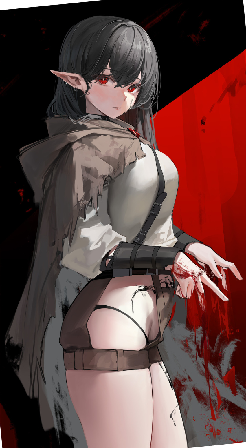 1girl absurdres black_background black_hair blood blood_on_hands brown_cape cape commentary ear_piercing from_side grey_shirt hair_between_eyes highres hood hooded_cape leviathan_(hikinito0902) long_hair looking_at_viewer original piercing pointy_ears red_background red_eyes shirt solo thighs torn_cape torn_clothes two-tone_background