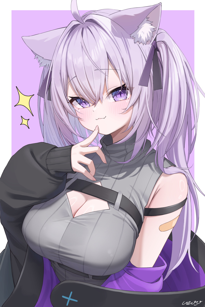 1girl :3 absurdres ahoge ai_(u_e_o_o) animal_ear_fluff animal_ears bandaid bandaid_on_arm black_jacket black_ribbon breasts cat_ears cat_girl chest_harness cleavage cleavage_cutout clothing_cutout commentary_request crossed_bangs double-parted_bangs grey_sweater hair_between_eyes hair_ribbon harness highres hololive jacket large_breasts long_hair looking_at_viewer nekomata_okayu nekomata_okayu_(8th_costume) off_shoulder official_alternate_costume official_alternate_hairstyle purple_eyes purple_hair ribbed_sweater ribbon shirt sleeveless sleeveless_shirt sleeveless_sweater sleeveless_turtleneck_sweater solo sweater twintails upper_body virtual_youtuber