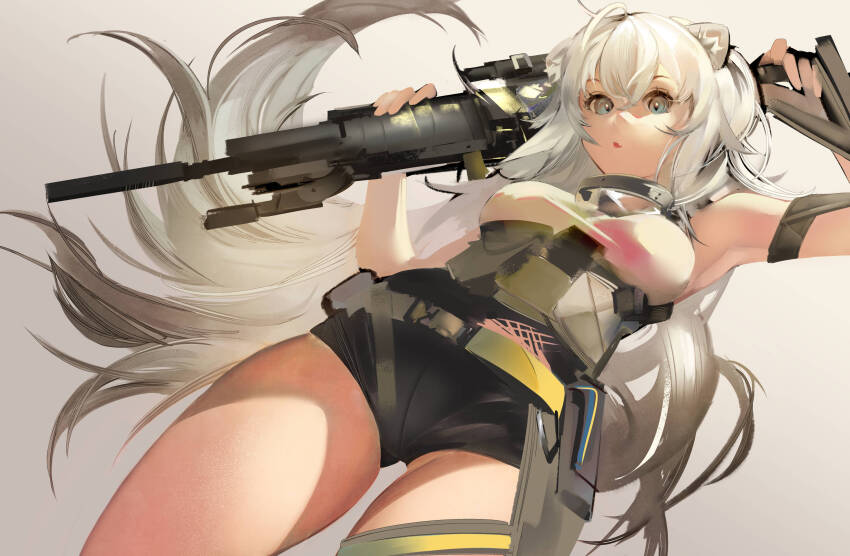 1girl absurdres ahoge animal_ears belt black_shorts blue_eyes breasts eyelashes fang from_below ghooost grey_eyes grey_hair gun hair_between_eyes hashtag-only_commentary highres holding holding_gun holding_weapon hololive lion_ears lion_girl long_hair looking_at_viewer open_mouth shirt shishiro_botan short_shorts shorts sketch skin_fang skindentation solo thighs virtual_youtuber weapon