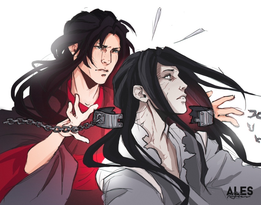 2boys ales artist_logo black_hair black_hanfu breaking broken broken_chain chain chinese_clothes collar colored_skin floating floating_object grey_eyes grey_hanfu grey_skin hanfu long_hair male_focus modao_zushi multiple_boys narrowed_eyes open_mouth red_hanfu red_light torn_clothes veiny_face wei_wuxian wen_ning white_background white_eyes