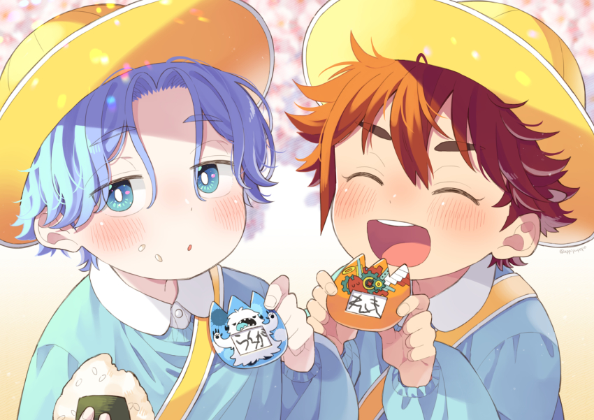 2boys ^_^ aged_down blue_eyes blue_hair child closed_eyes food food_on_face hasegawa_langa hat highres kindergarten_uniform kyan_reki male_focus multiple_boys name_tag onigiri open_mouth orange_hair rice rice_on_face school_hat sk8_the_infinity smile upper_body uppi yellow_headwear