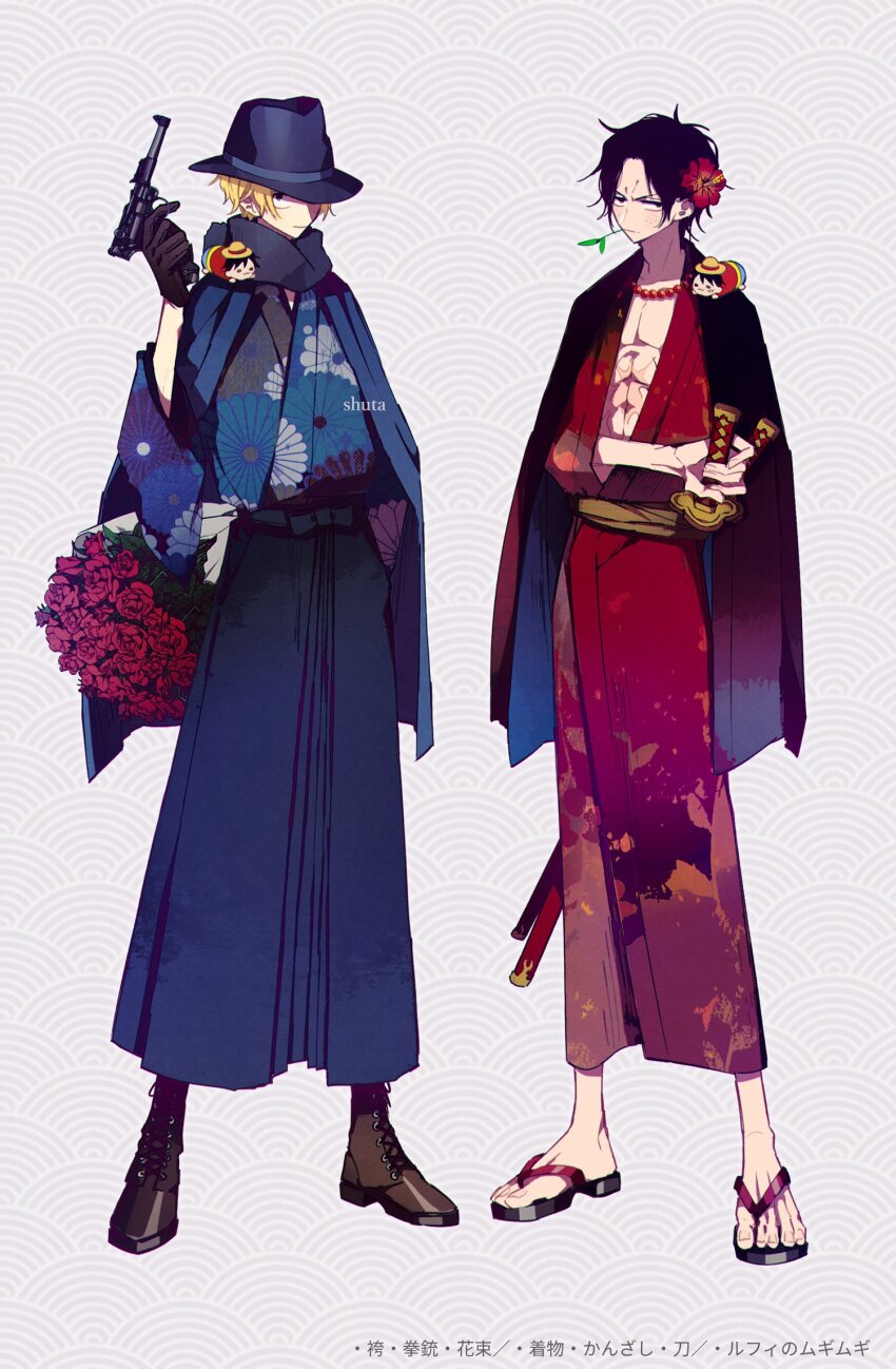 2boys abs achpyu black_gloves black_hair blue_kimono boots bouquet brothers commentary_request floral_print flower freckles full_body gloves gun hair_flower hair_ornament hakama haori hat hibiscus highres holding holding_gun holding_sword holding_weapon japanese_clothes jewelry kimono looking_at_viewer monkey_d._luffy multiple_boys necklace one_piece pearl_necklace portgas_d._ace red_kimono sabo_(one_piece) sandals scar scar_on_chest short_hair siblings straw_hat sword weapon