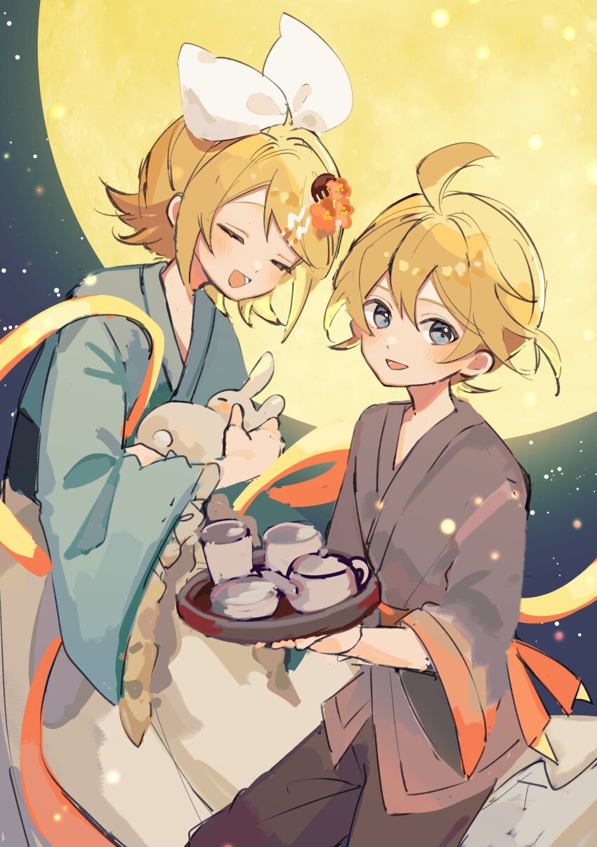 1boy 1girl :d absurdres ahoge animal black_pants blonde_hair blue_eyes blush bow chinese_clothes closed_eyes commentary frilled_sleeves frills full_moon hagoromo hair_between_eyes hair_bow hair_ornament hairpin hanfu highres holding holding_animal holding_tray huge_moon kagamine_len kagamine_rin long_sleeves looking_at_viewer mid-autumn_festival moon multiple_hairpins night night_sky open_mouth orange_sash pants rabbit sazanami_(ripple1996) shawl short_hair short_ponytail sky sleeves_past_elbows smile star_(sky) swept_bangs teapot tray vocaloid white_bow wide_sleeves