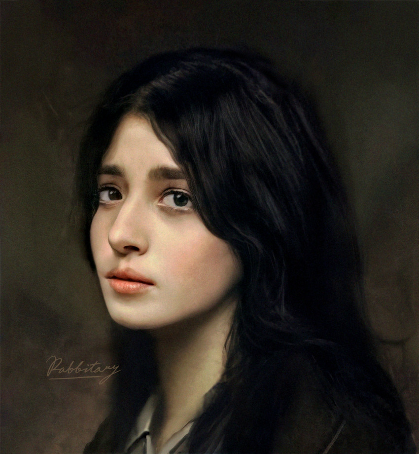 1girl absurdres black_eyes black_hair commentary eyebrows_hidden_by_hair grey_background highres long_hair parted_lips pieck_finger portrait rabbitaryp realistic shingeki_no_kyojin signature solo wavy_hair