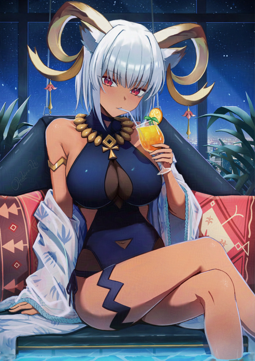 1girl adversarial_noise animal_ears arknights black_one-piece_swimsuit breasts brown_horns carnelian_(arknights) carnelian_(shimmering_dew)_(arknights) cleavage clothing_cutout crossed_legs curled_horns drink drinking drinking_straw drinking_straw_in_mouth feet_out_of_frame food fruit grey_hair highres holding holding_drink horn_ornament horns indoors juice large_breasts lemon lemon_juice lemon_slice lemonade looking_at_viewer navel navel_cutout night official_alternate_costume okashira2ki one-piece_swimsuit red_eyes short_hair sitting solo swimsuit yellow_horns