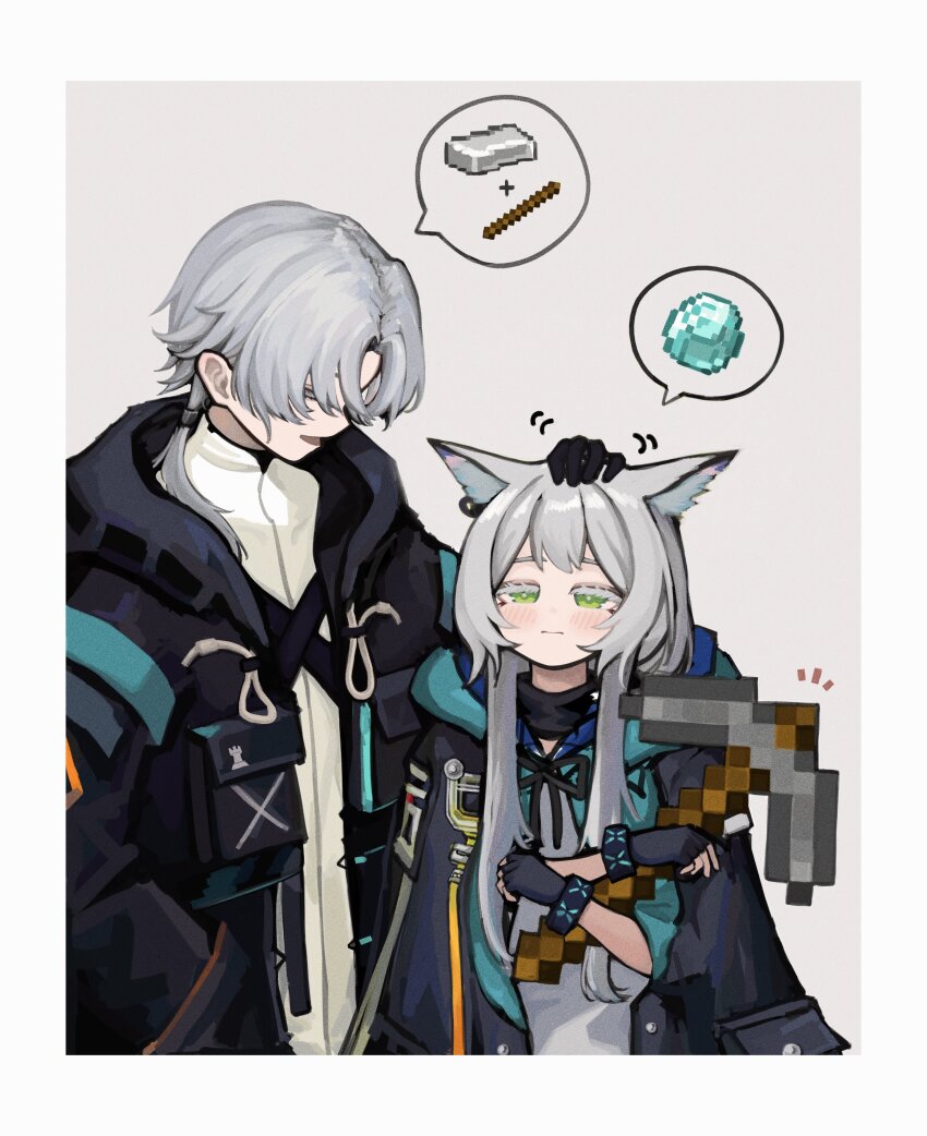 1boy 1girl 8rk9 absurdres animal_ears arknights black_gloves black_ribbon blush border cat_ears cloak closed_mouth coat commentary_request crossover diamond_(minecraft) doctor_(arknights) expressionless fingerless_gloves gloves green_eyes grey_hair hair_over_shoulder hand_in_pocket hand_on_another&#039;s_head height_difference highres hood hood_down hooded_cloak hugging_object infection_monitor_(arknights) looking_at_another male_doctor_(arknights) minecraft neck_ribbon open_clothes open_coat pickaxe pixelated ribbon rosmontis_(arknights) spoken_object steel_ingot white_border