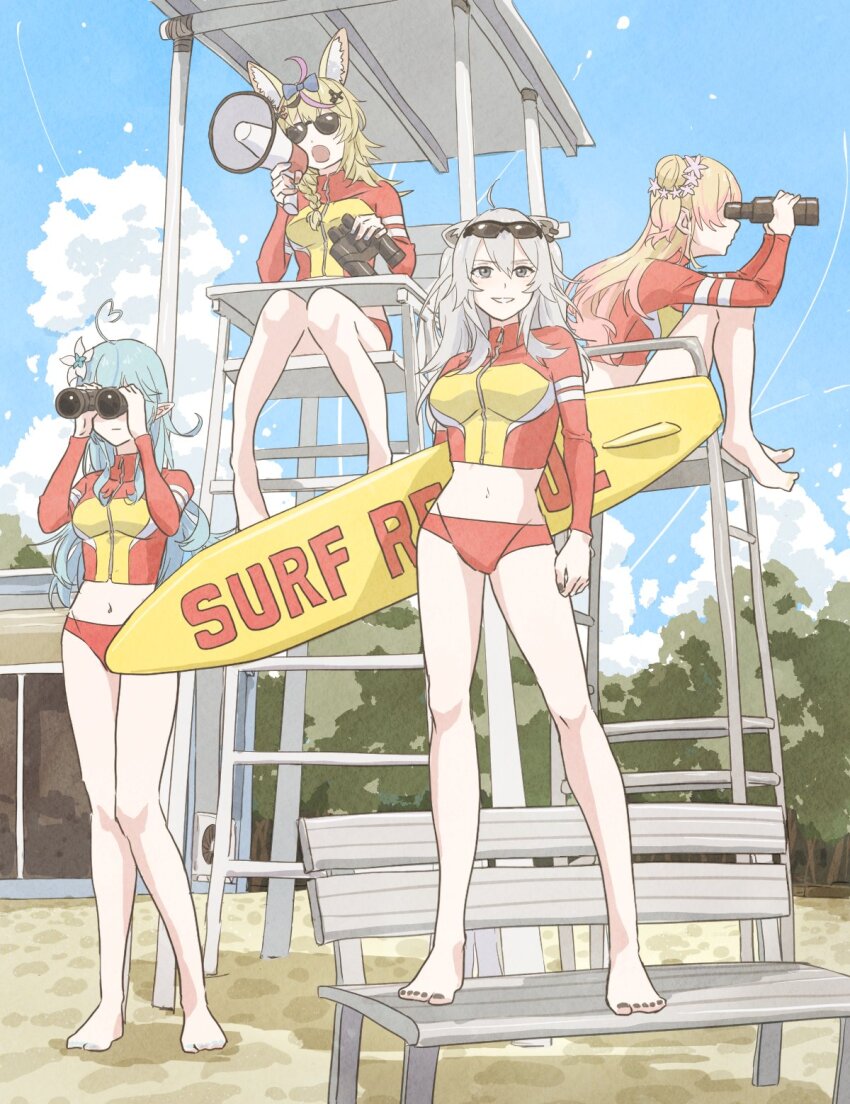 4girls ahoge alternate_costume animal_ear_fluff animal_ears bare_legs barefoot beach bench bikini bikini_bottom_only binoculars black_hair black_nails blonde_hair blue_hair blue_nails blue_sky braid breasts cloud cloudy_sky colored_tips commentary contrail day double-parted_bangs expressionless eyewear_on_head flower fox_ears fox_girl full_body grey_hair grin hair_bun hair_flower hair_ornament hair_over_shoulder hairclip heart heart_ahoge highres holding holding_binoculars holding_megaphone holding_surfboard hololive knees_together_feet_apart lifeguard lifeguard_tower light_blue_hair lion_girl long_hair long_sleeves medium_breasts megaphone midriff momosuzu_nene multicolored_hair multiple_girls nail_polish navel nepolabo omaru_polka open_mouth outdoors pink_hair rash_guard red_bikini shishiro_botan sidelocks single_braid sitting skin_tight sky smile standing streaked_hair sunglasses surfboard swimsuit tauyoshi728 toenail_polish toenails tree two-tone_hair virtual_youtuber yukihana_lamy zipper_pull_tab