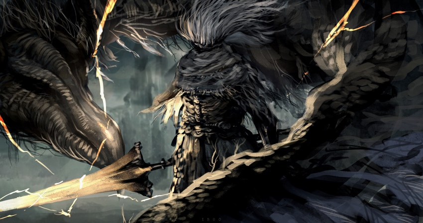 1boy absurdres covered_face dark_souls_(series) dark_souls_iii grey_hair highres holding holding_sword holding_weapon huge_weapon ibuo_(ibukht1015) lightning long_hair male_focus messy_hair nameless_king solo sword weapon zweihander