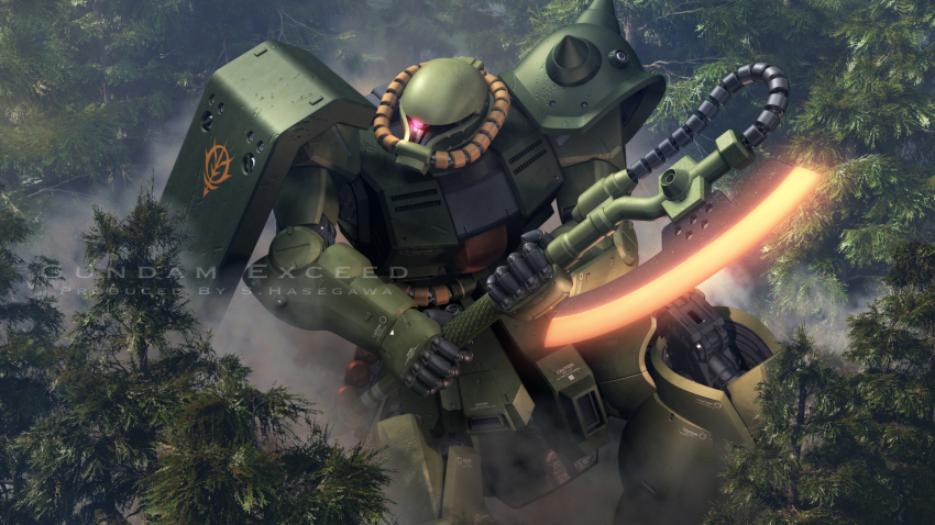 3d cable english_text forest gundam gundam_0080 heat_hawk highres machinery mecha mecha_focus mobile_suit nature no_humans one-eyed realistic robot roundel s.hasegawa science_fiction shield shoulder_spikes signature spikes weapon zaku_ii_fz_kai zeon