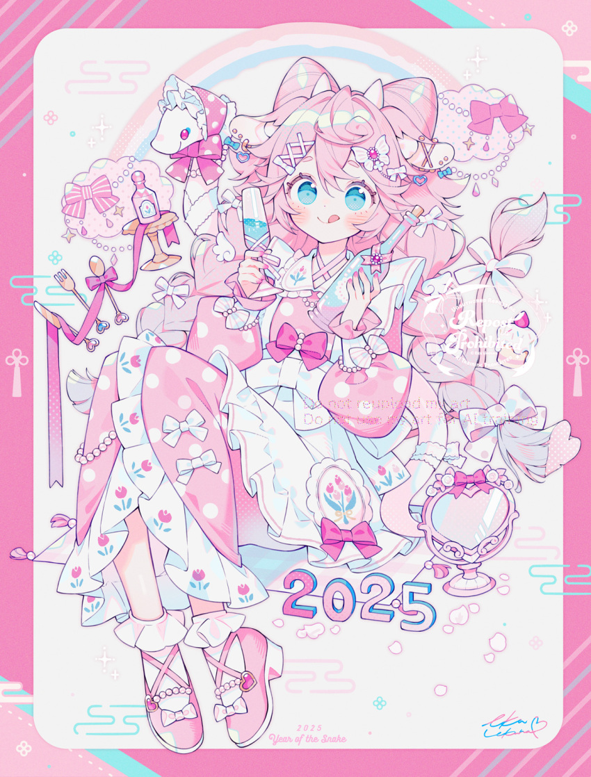 1girl 2025 :q apron blue_eyes blush bonnet border bottle braid cake champagne_flute cloud commentary cone_hair_bun cup drinking_glass egasumi food fork full_body hair_bun highres japanese_clothes kimono knife long_hair looking_at_viewer mirror original pink_background pink_footwear pink_hair pink_kimono pink_ribbon pink_theme polka_dot polka_dot_kimono ribbon smile snake socks solo spoon tail tail_ornament tail_ribbon tongue tongue_out uekura_eku watermark white_apron white_background white_socks