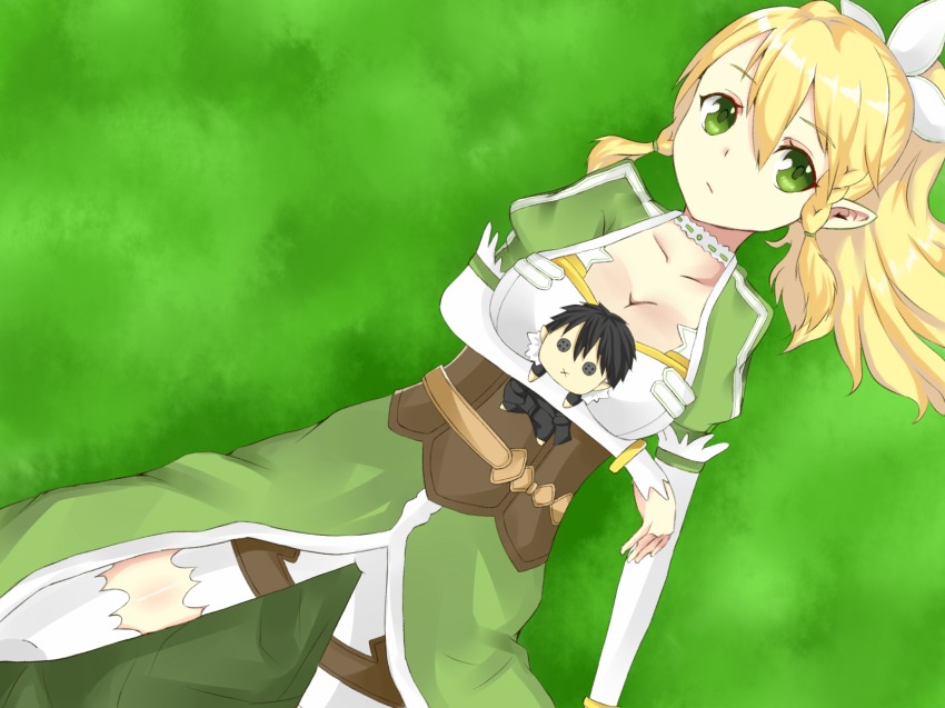 10s 1girl blonde_hair braid breasts cleavage elf female_focus green_eyes highres kirito kirito_(sao-alo) large_breasts leafa_(sao) long_hair pointy_ears ponytail side_braid solo sword_art_online thighhighs twin_braids