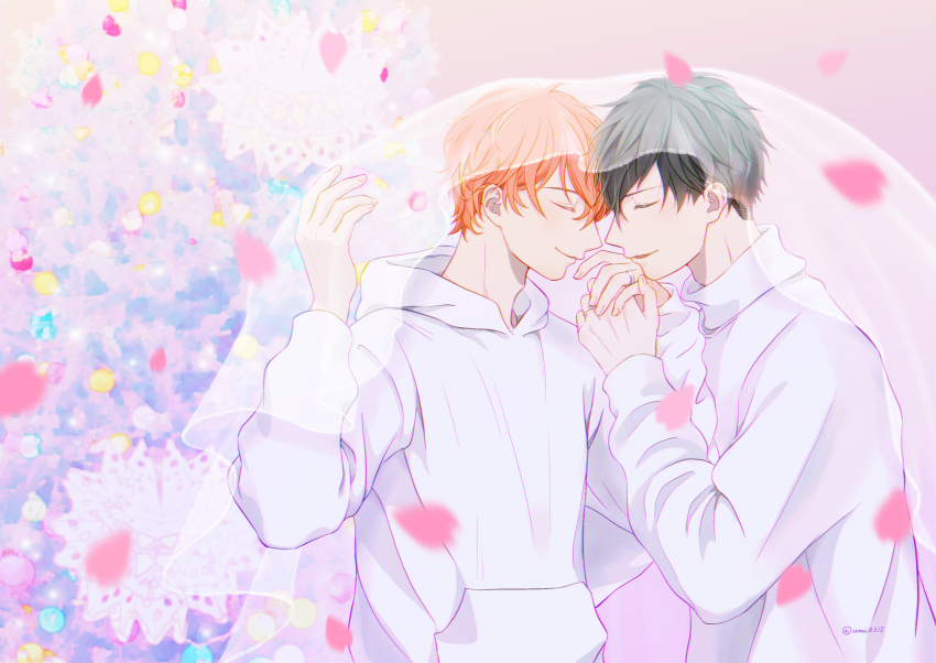 2boys black_hair closed_eyes couple given highres hood hood_down hoodie jewelry long_sleeves male_focus multiple_boys orange_hair petals ring satou_mafuyu short_hair smile sweater twitter_username uenoyama_ritsuka umi8315 upper_body veil white_hoodie white_sweater yaoi