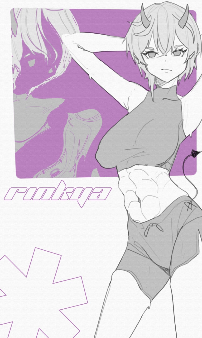 1girl abs absurdres character_name demon_tail greyscale_with_colored_background hair_between_eyes hands_behind_own_head highres horns imp indie_virtual_youtuber midriff navel rinkya short_hair shorts solo tail toned_female tttinkaaaaa unluckytobii virtual_youtuber