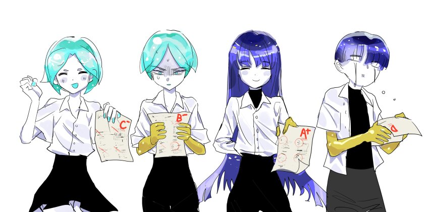 1other ^_^ absurdres age_progression aqua_hair arm_behind_back black_gooose black_pants black_shirt black_skirt blue_hair closed_eyes crying frown gem_uniform_(houseki_no_kuni) gold happy highres holding holding_paper houseki_no_kuni long_hair multiple_persona multiple_views open_clothes open_shirt other_focus pants paper phosphophyllite phosphophyllite_(ll) shirt short_hair simple_background skirt smile white_background white_shirt