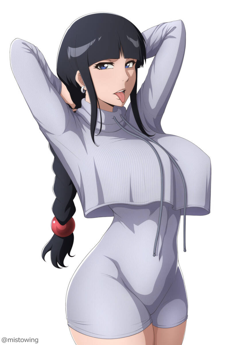 1girl arms_behind_head artist_name black_hair bleach braid braided_ponytail breasts cropped_hoodie earrings female_focus highres hoodie jewelry kurotsuchi_nemu large_breasts long_hair looking_at_viewer mistowing open_mouth simple_background thick_thighs thighs tongue tongue_out white_background