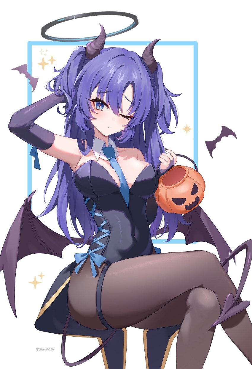 1girl absurdres alternate_costume bat_(animal) black_halo blue_archive demon_girl halloween_bucket halloween_costume halo highres horns leotard mechanical_halo purple_eyes purple_hair red_pupils solo taiyaki12 wings yuuka_(blue_archive)