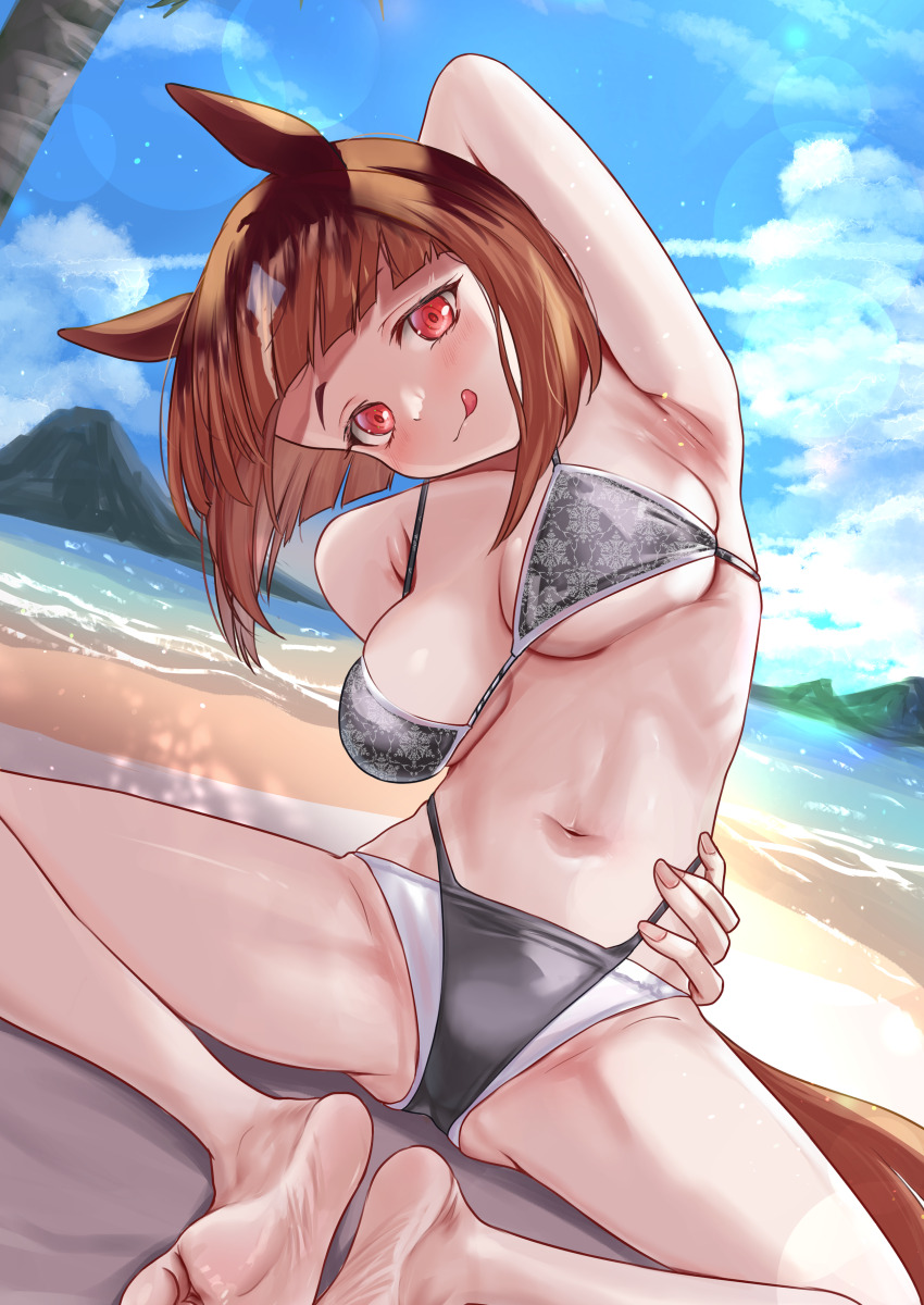 1girl :q absurdres animal_ears arm_behind_head arm_up armpits bare_shoulders barefoot beach bikini blue_sky blunt_bangs blunt_ends breasts brown_hair butterfly_sitting closed_mouth cloud commentary_request day dutch_angle grey_bikini hand_on_own_opposite_hip head_tilt highres horse_ears horse_tail large_breasts looking_at_viewer mountainous_horizon multi-strapped_bikini_bottom navel on_ground outdoors red_eyes sand short_hair sitting sky smile soles solo stretching swimsuit tail tatsumi_yashiro tongue tongue_out transcend_(umamusume) umamusume water