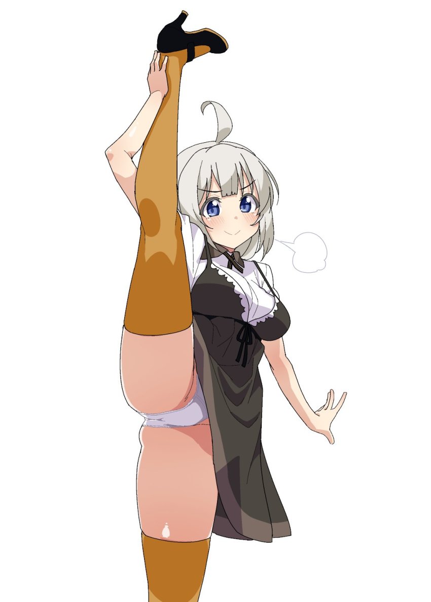 &gt;:) 1girl ahoge arm_up black_dress black_footwear blue_eyes blush breasts brown_thighhighs closed_mouth dress high_heels highres homura_shinji kizuna_akari large_breasts panties pantyshot shirt short_hair short_sleeves silver_hair simple_background smile smug solo split standing standing_on_one_leg standing_split thighhighs thighs underwear upskirt vocaloid voiceroid white_background white_panties white_shirt