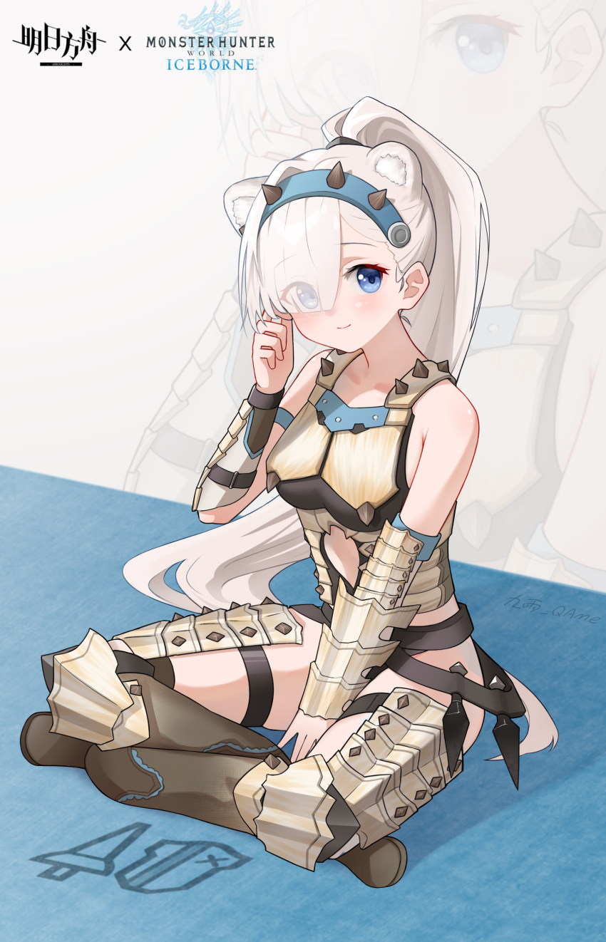 1girl absurdres animal_ears arknights armor aurora_(arknights) bare_shoulders between_legs blue_eyes blue_hairband blush character_request check_character chinese_commentary closed_mouth commentary_request copyright_name eyes_visible_through_hair full_body hair_over_one_eye hairband hand_between_legs hand_up highres indian_style jiuyu_qame knee_pads kunai long_hair looking_at_viewer monster_hunter monster_hunter:_world monster_hunter_(series) monster_hunter_world:_iceborne ponytail sitting sleeveless smile solo spiked_hairband spikes strap thigh_armor vambraces weapon white_hair zoom_layer