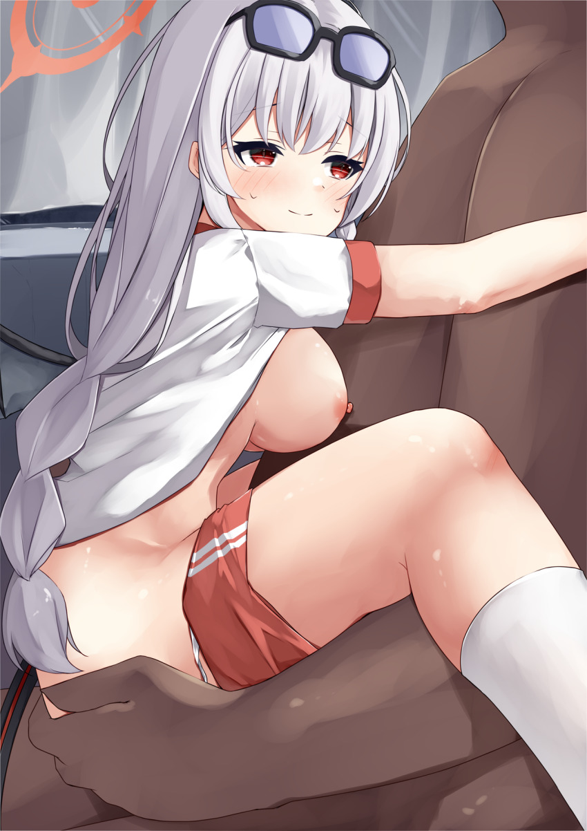 1boy 1girl aya_mizunami blue_archive blush breasts buruma buruma_pull clothed_female_nude_male clothes_lift clothes_pull commentary_request eyewear_on_head grabbing_another&#039;s_ass grey_hair groping halo haruna_(blue_archive) haruna_(track)_(blue_archive) hetero highres large_breasts long_hair nipples nude official_alternate_costume panties panty_pull red_buruma red_eyes red_halo shirt shirt_lift smile socks sweat underwear white_panties white_shirt white_socks