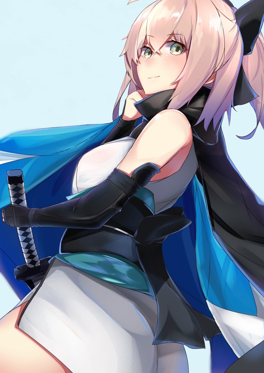 1girl absurdres ahoge arm_guards black_bow black_scarf blush bow fate/grand_order fate_(series) female_focus from_side hair_bow haori highres holding holding_scarf holding_sword holding_unworn_clothes holding_weapon japanese_clothes katana kimono nanakaku obi okita_souji_(fate) okita_souji_(koha-ace) sash scarf shinsengumi short_kimono sleeveless sleeveless_kimono smile solo sword weapon white_kimono